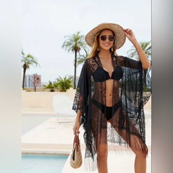 New Boho Solid Black Tassel Embroidered Sheer Kimono Festival Beach Cover Up NWT - Picture 8 of 16